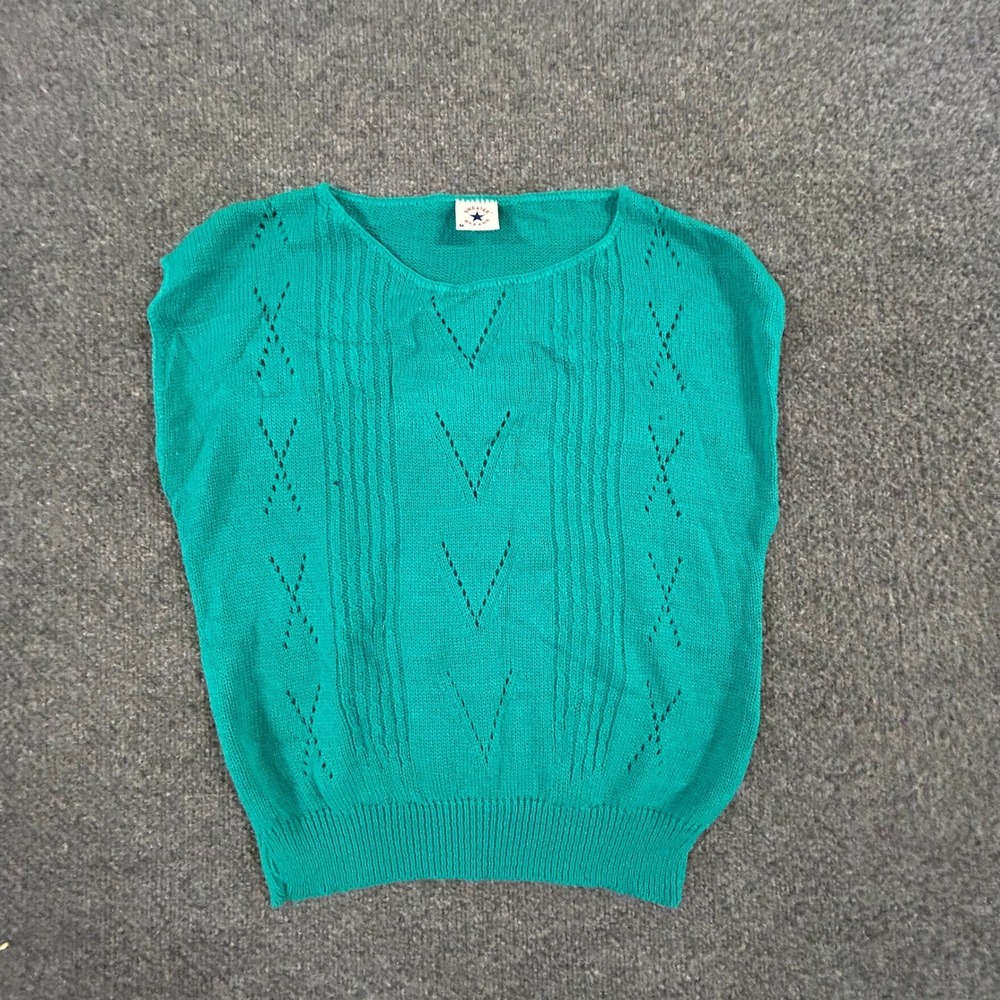 Sweater Bazaar Vest Womens Size M Teal Green Pointelle Knit Sleeveless Pullover